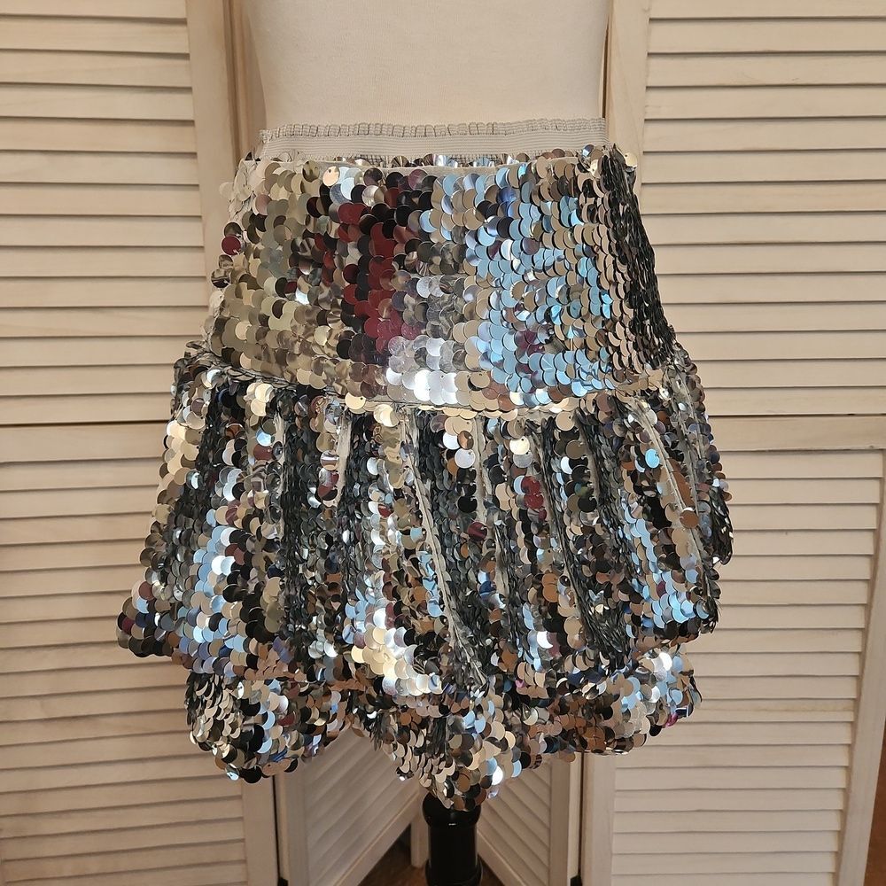ANIYE BY Silver Sequin Mini Skirt Size L NWT